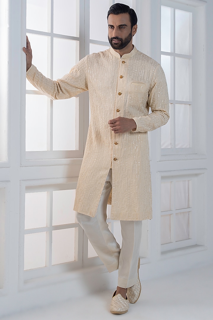 Beige Silk Hand & Machine Embroidered Jacket Set by AJAY KMR at Pernia's Pop Up Shop