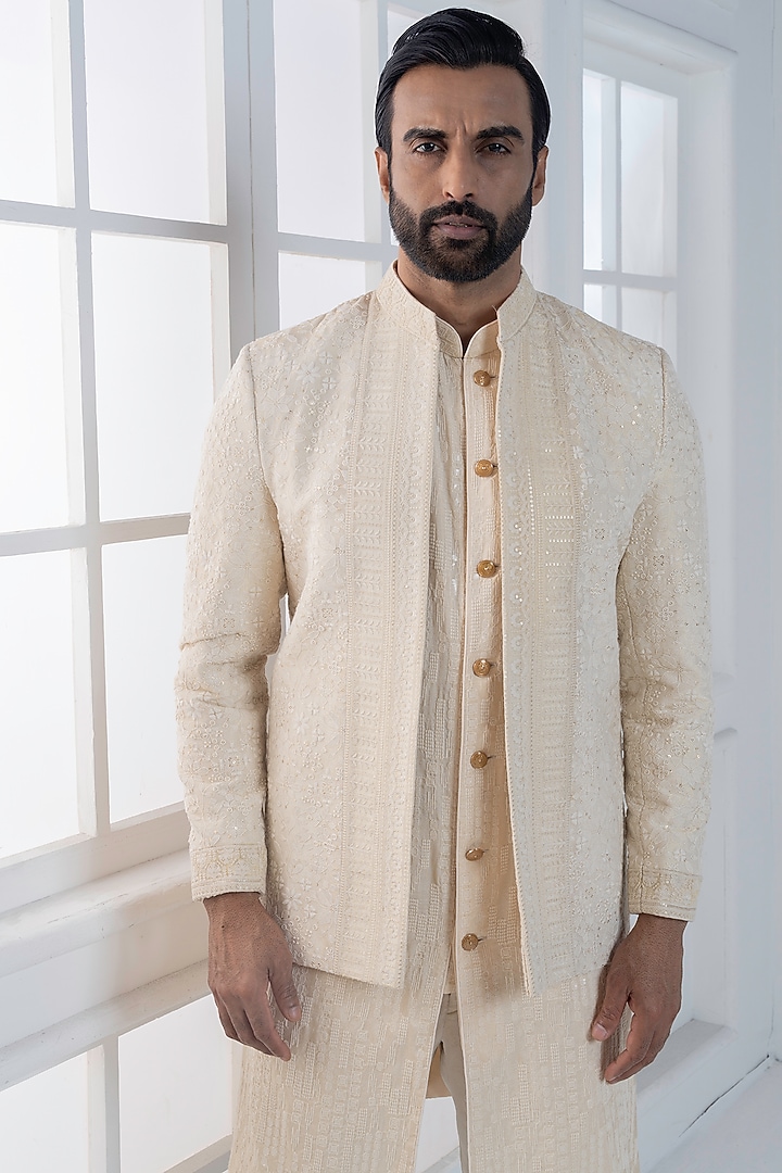 Beige Silk Hand & Machine Embroidered Jacket Set by AJAY KMR at Pernia's Pop Up Shop