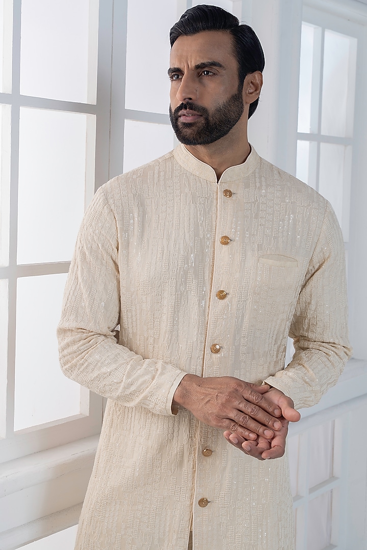 Beige Silk Hand & Machine Embroidered Jacket Set by AJAY KMR at Pernia's Pop Up Shop