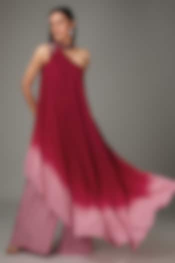 Red & Pink Silk Viscose Ombre Bead Embroidered One-Shoulder Tunic Set by Anjali Kanwar at Pernia's Pop Up Shop