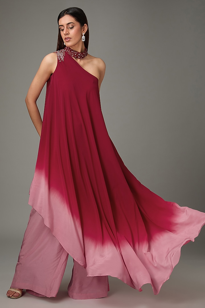 Red & Pink Silk Viscose Ombre Bead Embroidered One-Shoulder Tunic Set by Anjali Kanwar at Pernia's Pop Up Shop