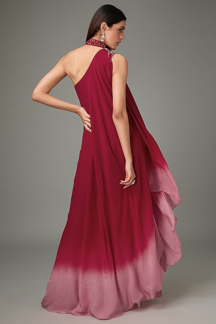 Red & Pink Silk Viscose Ombre Bead Embroidered One-Shoulder Tunic Set by Anjali Kanwar at Pernia's Pop Up Shop