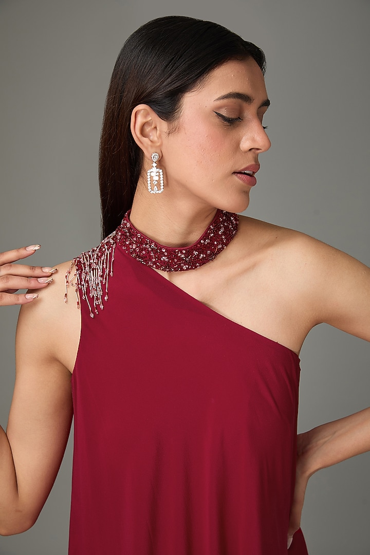 Red & Pink Silk Viscose Ombre Bead Embroidered One-Shoulder Tunic Set by Anjali Kanwar at Pernia's Pop Up Shop