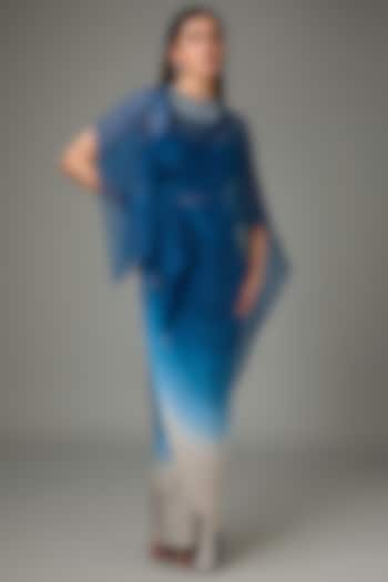 Blue Silk Viscose Ombre Draped Skirt Set by Anjali Kanwar at Pernia's Pop Up Shop