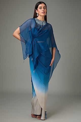Blue Silk Viscose Ombre Draped Skirt Set by Anjali Kanwar