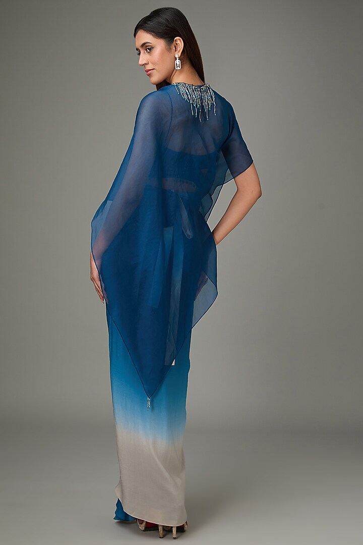Blue Silk Viscose Ombre Draped Skirt Set by Anjali Kanwar at Pernia's Pop Up Shop