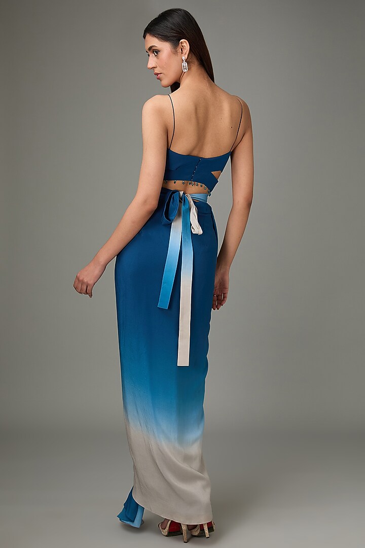 Blue Silk Viscose Ombre Draped Skirt Set by Anjali Kanwar at Pernia's Pop Up Shop
