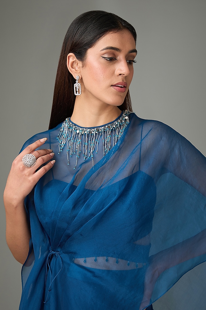 Blue Silk Viscose Ombre Draped Skirt Set by Anjali Kanwar at Pernia's Pop Up Shop