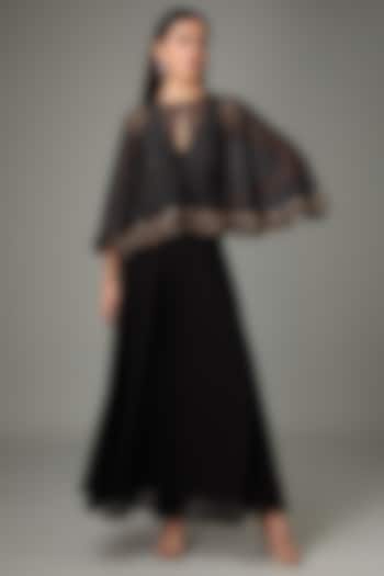 Black Polyester Silk Flared Jumpsuit With Circular Cape by Anjali Kanwar