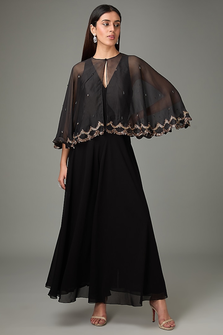 Black Polyester Silk Flared Jumpsuit With Circular Cape by Anjali Kanwar