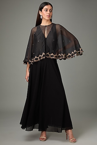 Black Polyester Silk Flared Jumpsuit With Circular Cape by Anjali Kanwar