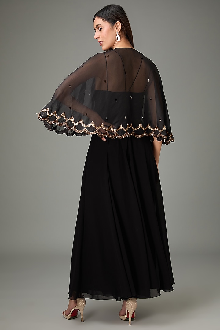 Black Polyester Silk Flared Jumpsuit With Circular Cape by Anjali Kanwar at Pernia's Pop Up Shop