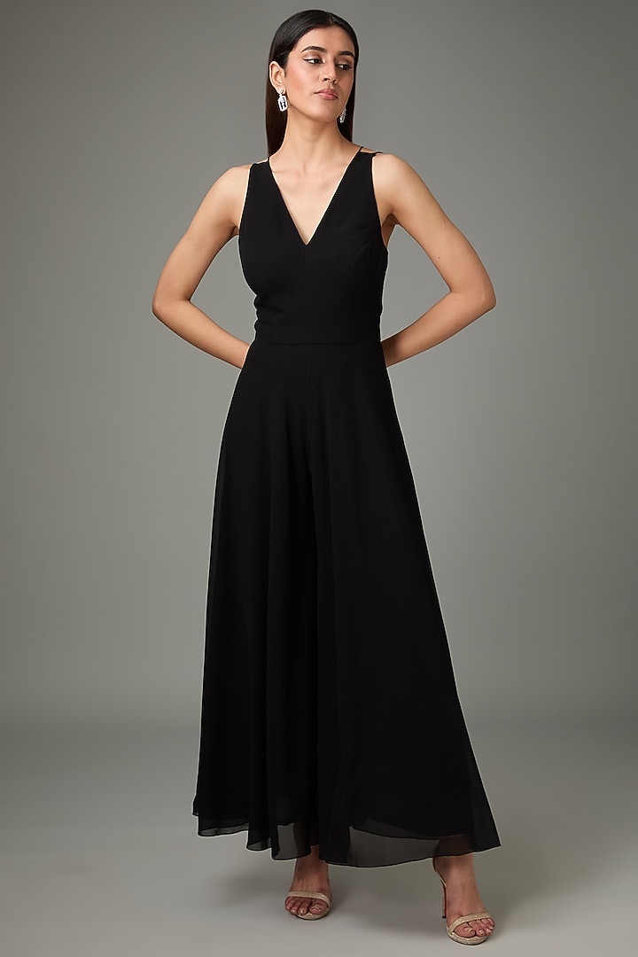 Black Polyester Silk Flared Jumpsuit With Circular Cape by Anjali Kanwar at Pernia's Pop Up Shop