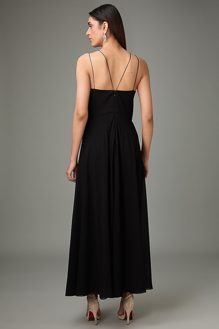 Black Polyester Silk Flared Jumpsuit With Circular Cape by Anjali Kanwar at Pernia's Pop Up Shop