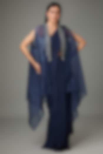 Navy Polyester Silk Pre-Draped Reception Saree Set by Anjali Kanwar at Pernia's Pop Up Shop