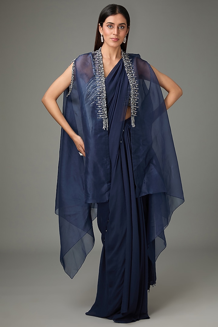 Navy Polyester Silk Pre-Draped Reception Saree Set by Anjali Kanwar at Pernia's Pop Up Shop