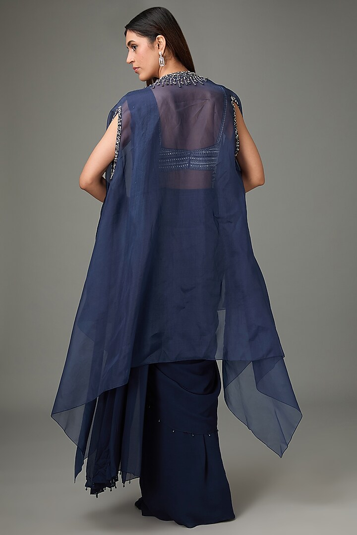 Navy Polyester Silk Pre-Draped Reception Saree Set by Anjali Kanwar at Pernia's Pop Up Shop