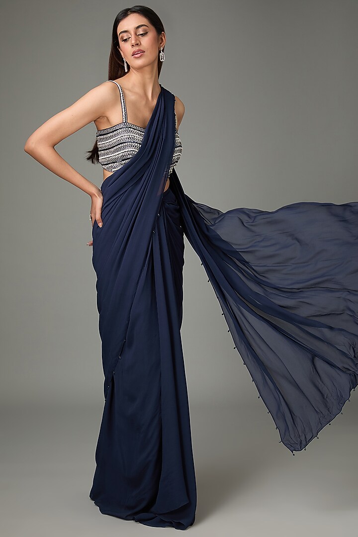 Navy Polyester Silk Pre-Draped Reception Saree Set by Anjali Kanwar at Pernia's Pop Up Shop