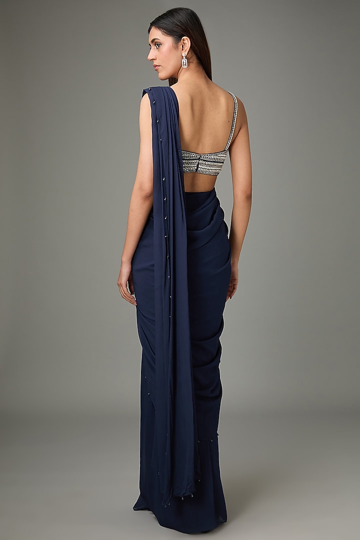 Navy Polyester Silk Pre-Draped Reception Saree Set by Anjali Kanwar at Pernia's Pop Up Shop
