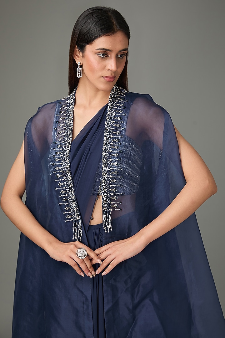 Navy Polyester Silk Pre-Draped Reception Saree Set by Anjali Kanwar at Pernia's Pop Up Shop