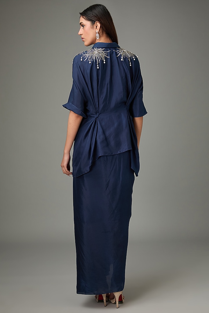 Navy Silk Draped Skirt Set by Anjali Kanwar at Pernia's Pop Up Shop