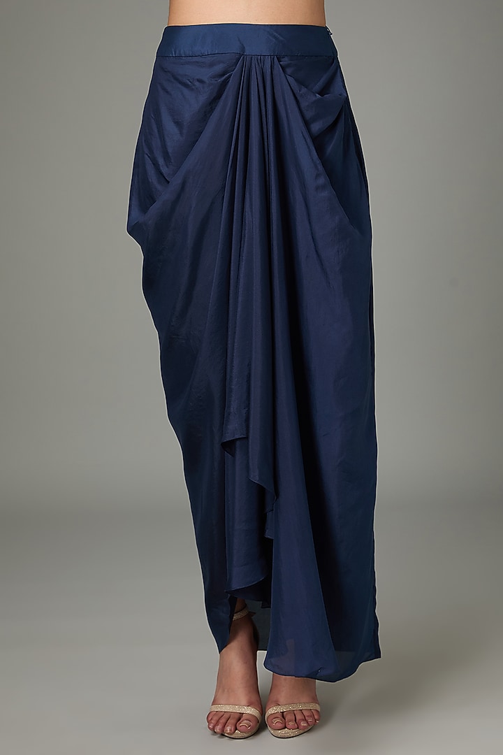 Navy Silk Draped Skirt Set by Anjali Kanwar at Pernia's Pop Up Shop