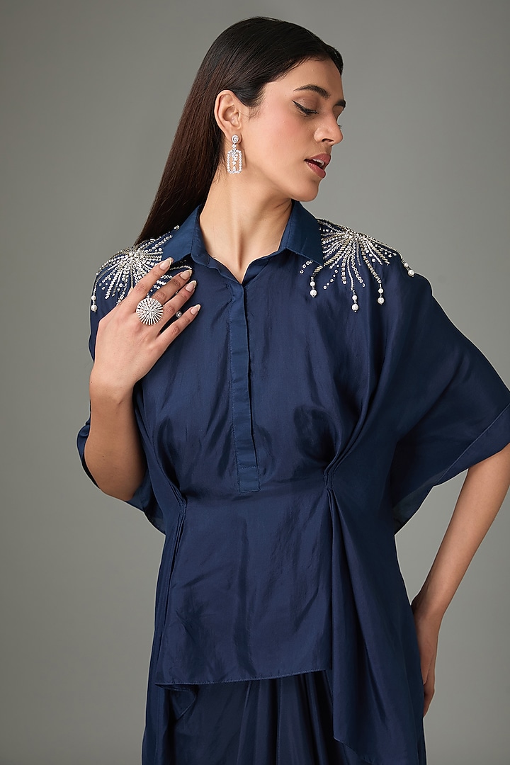 Navy Silk Draped Skirt Set by Anjali Kanwar at Pernia's Pop Up Shop