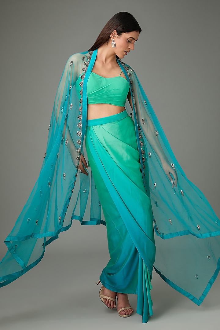 Green Tulle Embroidered Cape Set by Anjali Kanwar