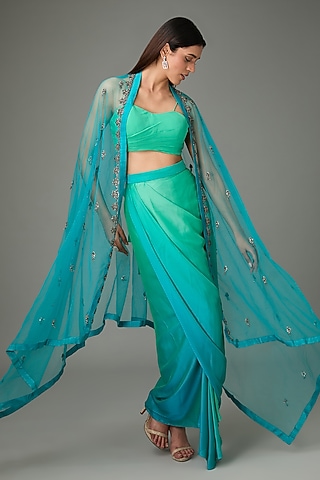 Green Tulle Embroidered Cape Set by Anjali Kanwar