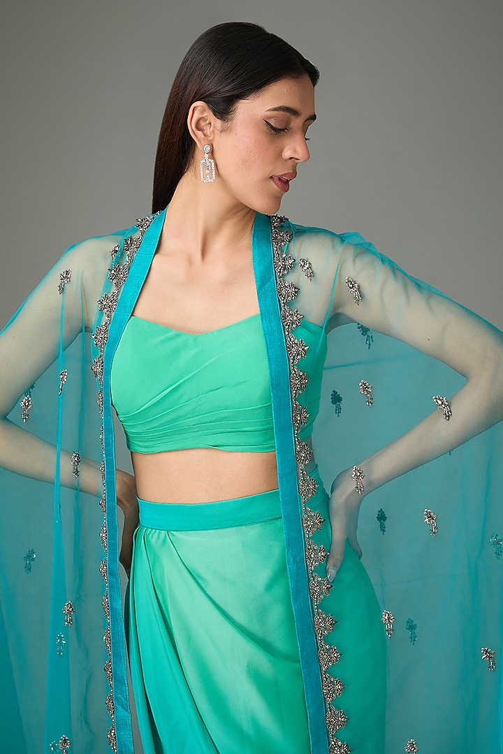 Green Tulle Embroidered Cape Set by Anjali Kanwar at Pernia's Pop Up Shop