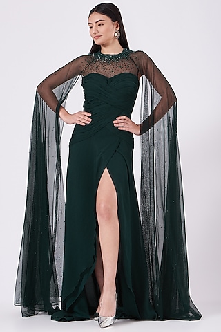 Dark Green Hand Embroidered Gown by Anjali Kanwar