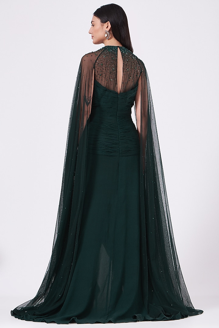 Dark Green Hand Embroidered Engagement Gown by Anjali Kanwar at Pernia's Pop Up Shop