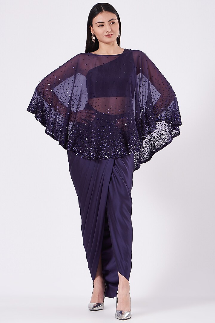 Purple Satin Draped Skirt Set by Anjali Kanwar