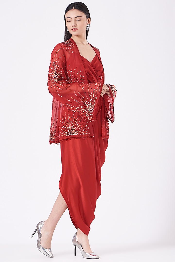 Red Silk Embroidered Jacket Dress by Anjali Kanwar