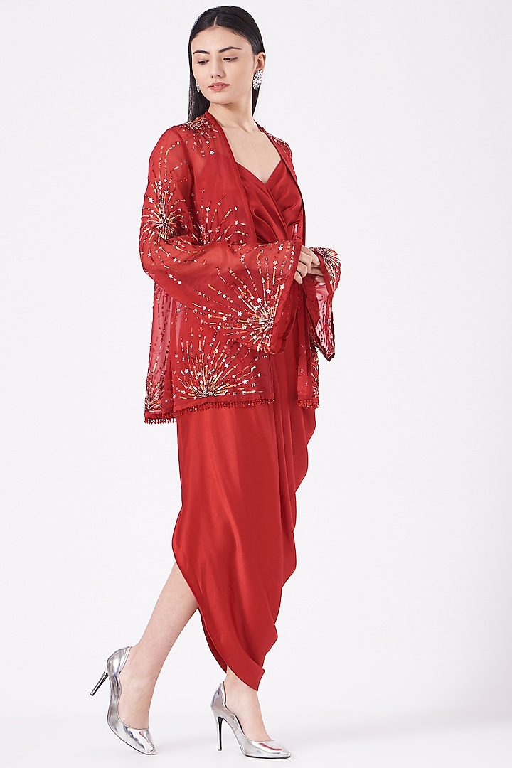 Red Satin Embroidered Jacket Dress by Anjali Kanwar at Pernia's Pop Up Shop