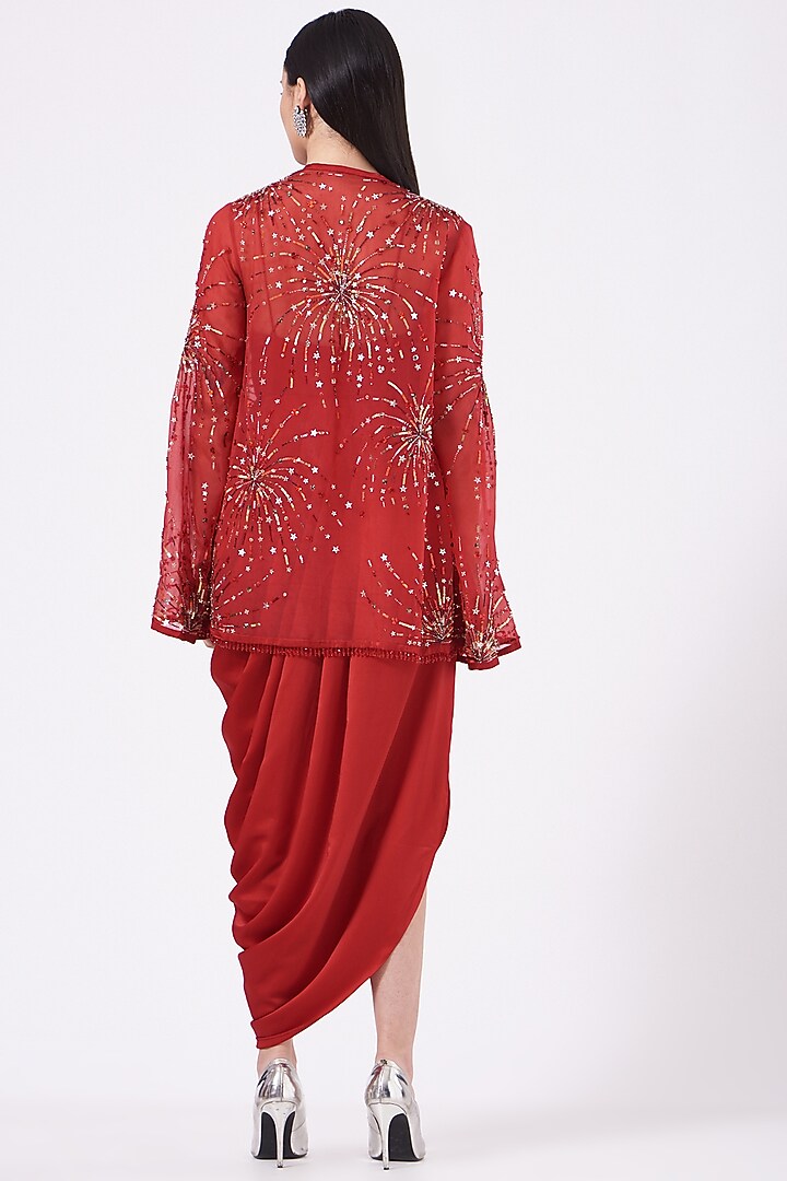 Red Satin Embroidered Jacket Cocktail Dress by Anjali Kanwar at Pernia's Pop Up Shop