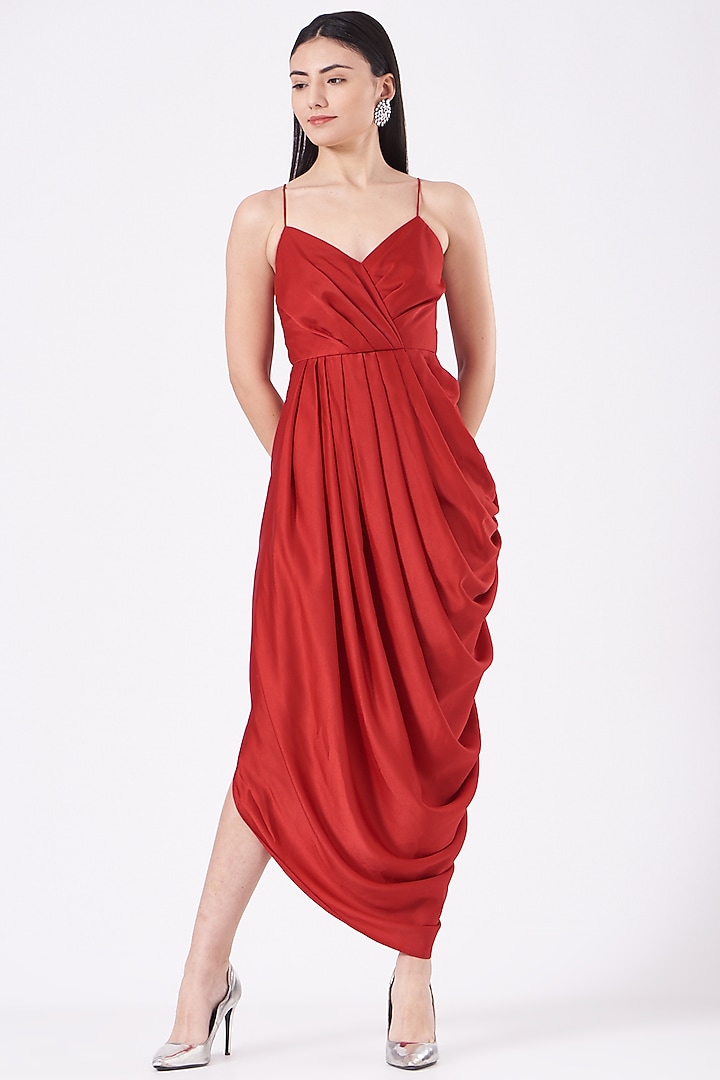 Red Satin Embroidered Jacket Cocktail Dress by Anjali Kanwar at Pernia's Pop Up Shop