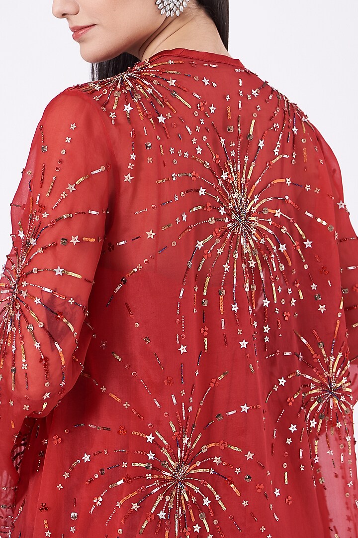 Red Satin Embroidered Jacket Cocktail Dress by Anjali Kanwar at Pernia's Pop Up Shop