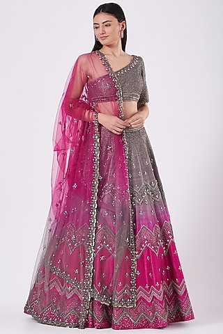 Grey & Fuchsia Zardosi Embroidered Lehenga Set by Anjali Kanwar