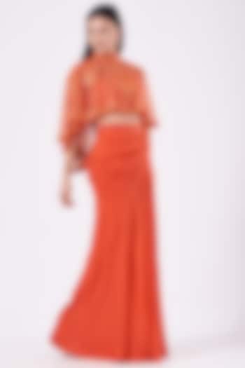 Orange Pleated Silk Chiffon Draped Skirt Set by Anjali Kanwar