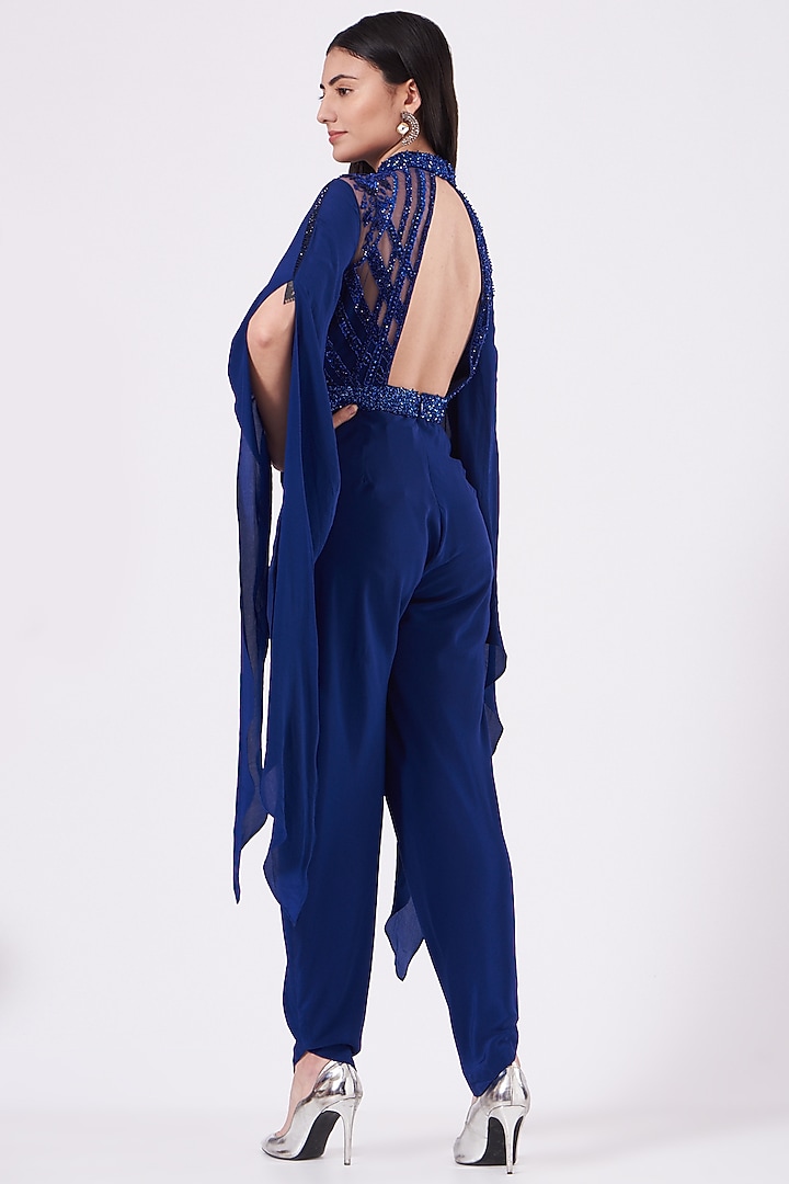 Cobalt Blue Hand Embroidered Jumpsuit by Anjali Kanwar at Pernia's Pop Up Shop