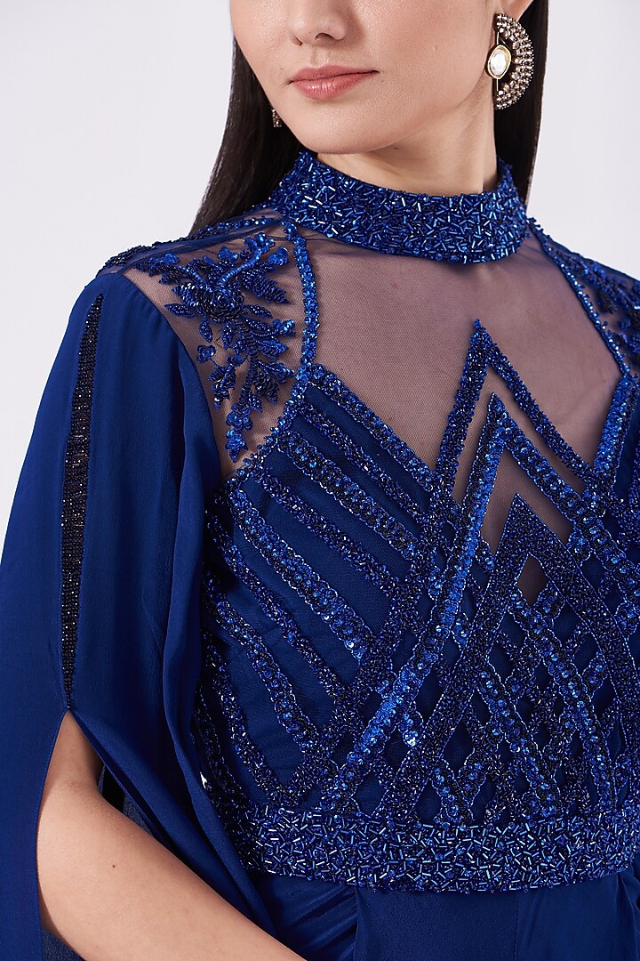 Cobalt Blue Hand Embroidered Jumpsuit by Anjali Kanwar at Pernia's Pop Up Shop