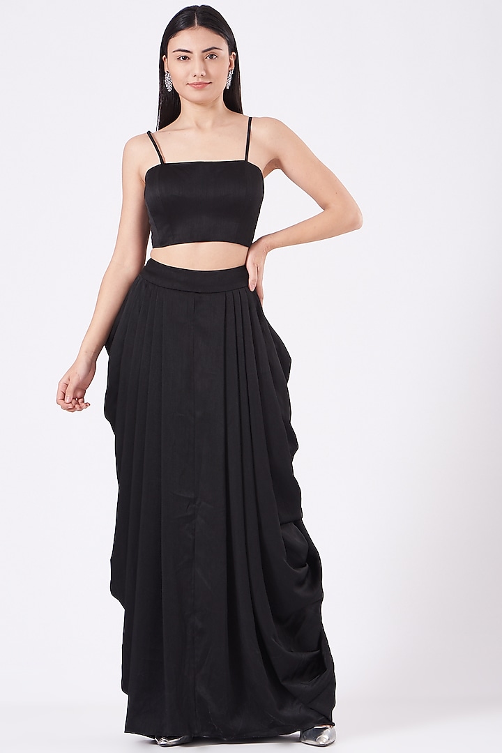 Black Hand Embroidered Draped Skirt Set by Anjali Kanwar at Pernia's Pop Up Shop