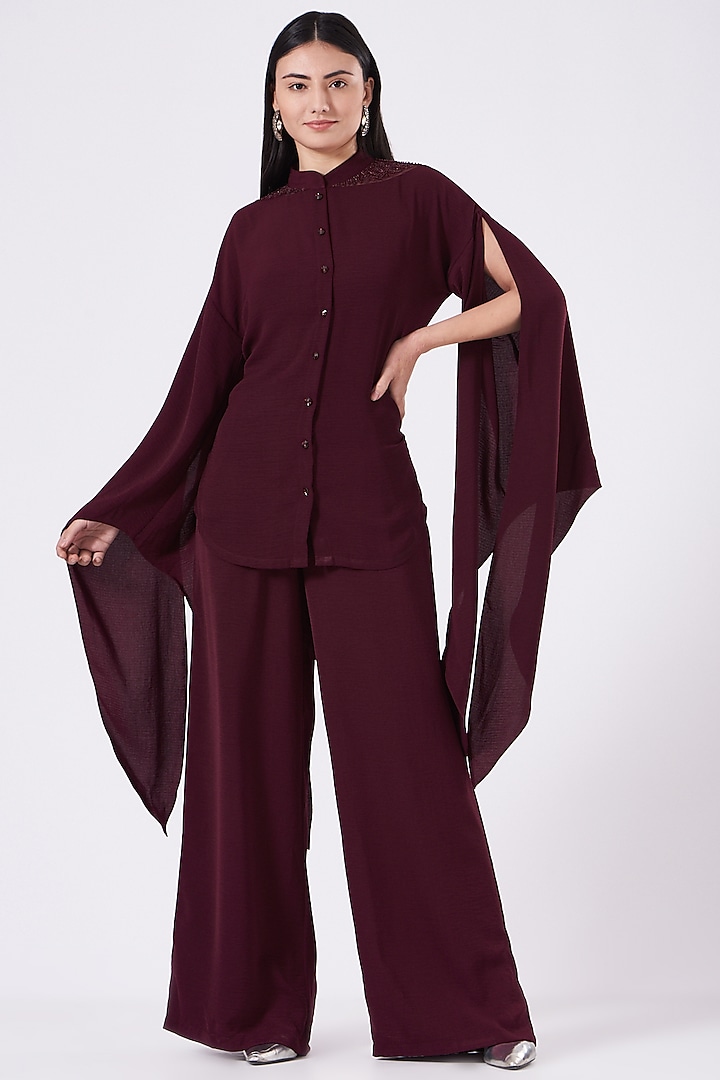 Wine Imported Twill Georgette Pant Set by Anjali Kanwar