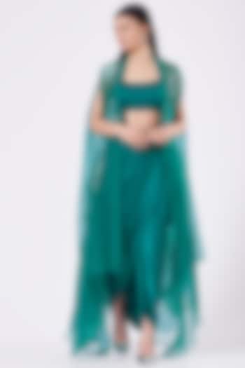 Turquoise Pure Georgette Draped Skirt Set by Anjali Kanwar