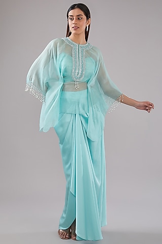 Aqua Blue Organza Crystal Beads Embroidered Cape Set by Anjali Kanwar