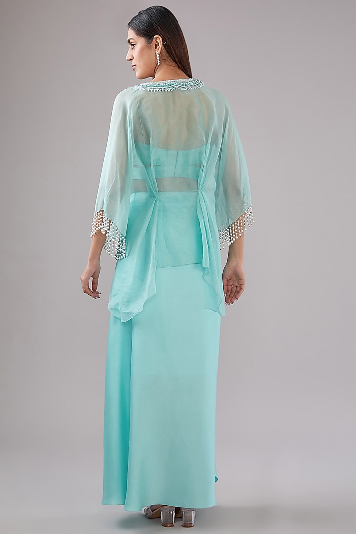 Aqua Blue Organza Crystal Beads Embroidered Cape Set by Anjali Kanwar at Pernia's Pop Up Shop
