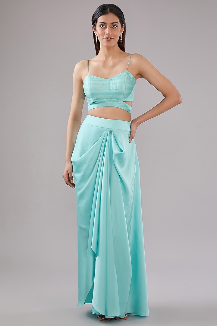 Aqua Blue Organza Crystal Beads Embroidered Cape Set by Anjali Kanwar at Pernia's Pop Up Shop