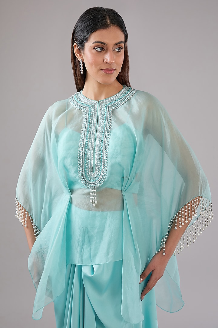 Aqua Blue Organza Crystal Beads Embroidered Cape Set by Anjali Kanwar at Pernia's Pop Up Shop