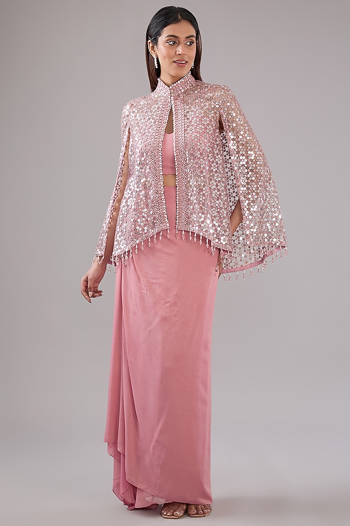 Blush Pink Viscose Mirror & Sequins Embroidered Jacket Set by Anjali Kanwar